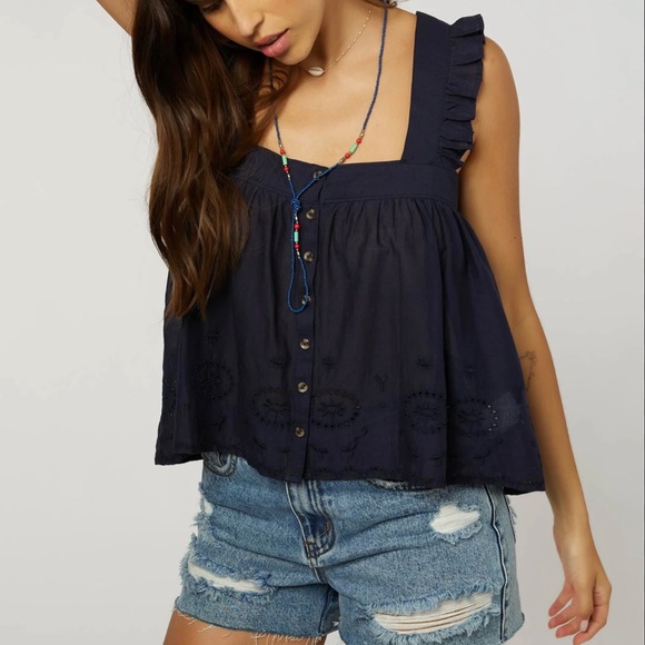 O’Neill Lexie Ruffle Strap Button Front Cotton Tank - Picture 14 of 14